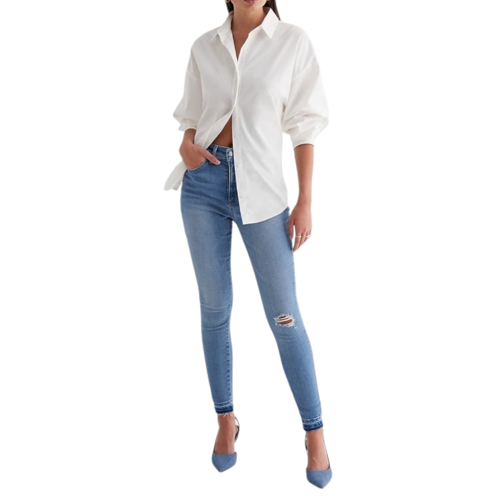 Express Skinny High Rise Jeans Womens 14R Light Wash Ripped Denim Drop Raw Hem